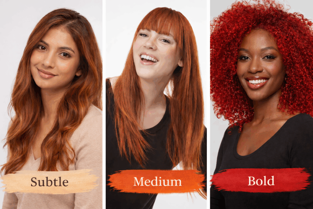 Three models showcasing subtle, medium, and bold red hair color.