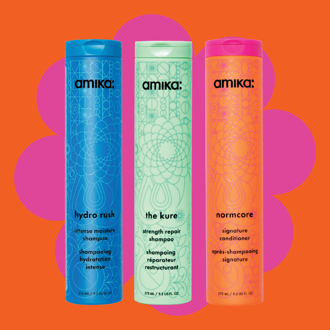 Three amika products showcasing Hydro Rush, The Kure, and Normcore collections