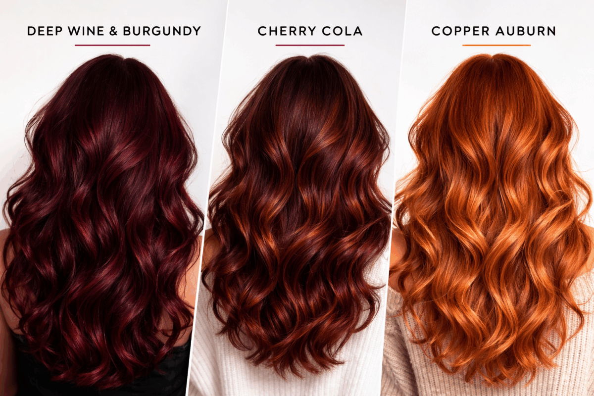 Close-up of three different shades of red hair.